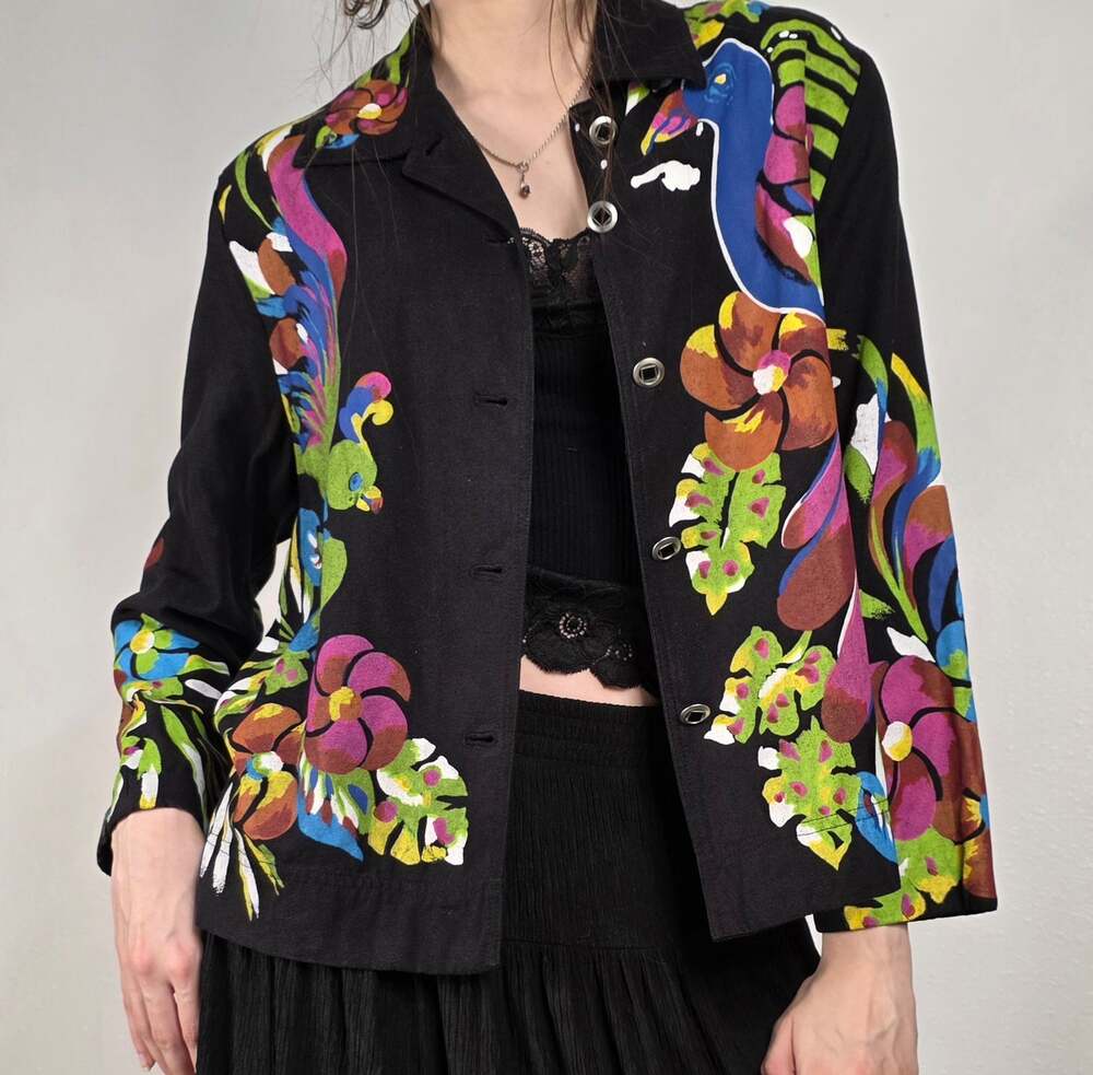 Vintage 90s Peacock Floral Art to Wear Jacket Size Medium Silk Maximalist